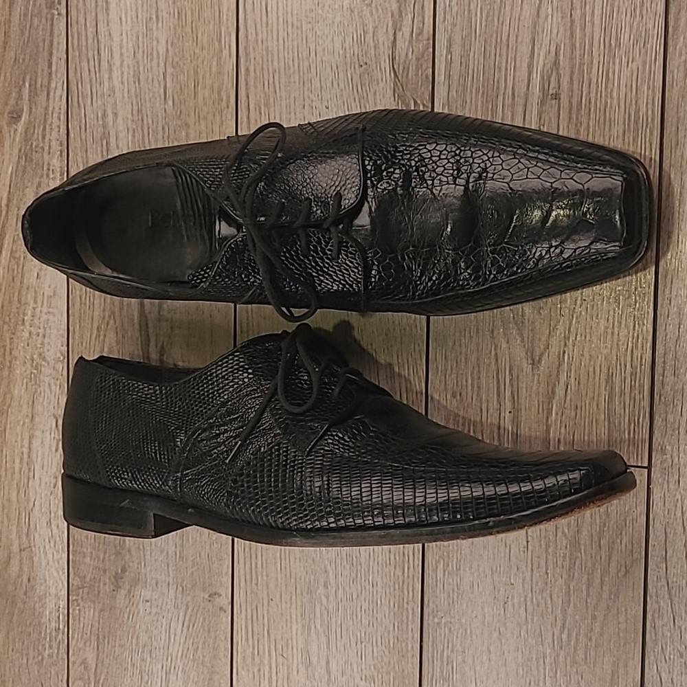 BELVEDERE Black Ostrich Lizard Leather Sz 10.5 Lace Up Mens Dress Shoes RARE‎